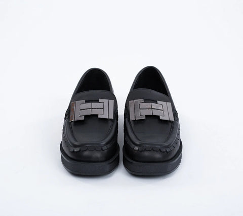 Loafers damă, din piele cu accesoriu din metal,negri