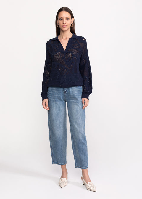Openwork Textured Polo Sweater