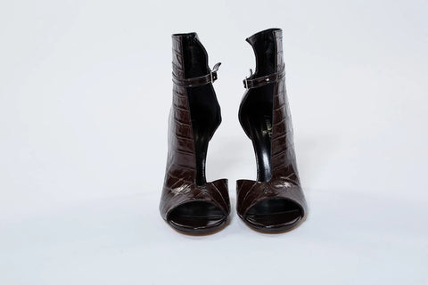 Sandale damă din piele croco maro, toc înalt 9,5 cm – Eleganță și rafinament