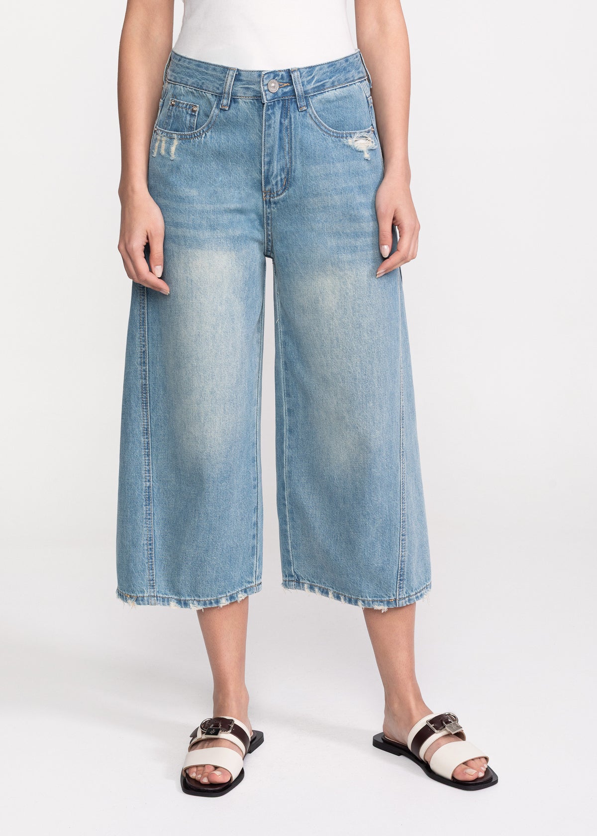 Blugi culotte cu croiala larga si aspect vintage