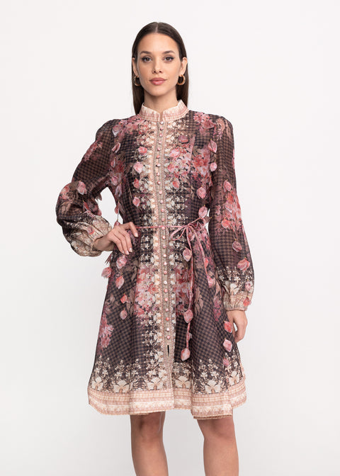 Rochie cu imprimeu floral vintage si cordon in talie
