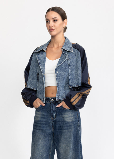 Geaca scurta denim cu maneci contrastante