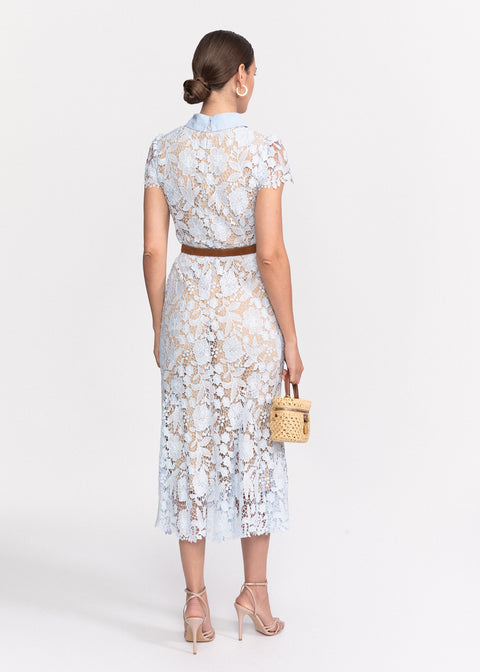 Rochie Midi din dantela cu maneci scurte si guler in V