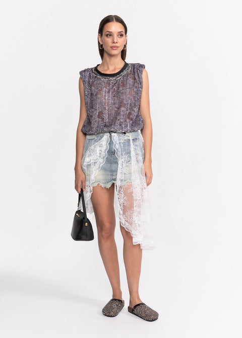 Fusta casual denim cu aplicatie din dantela