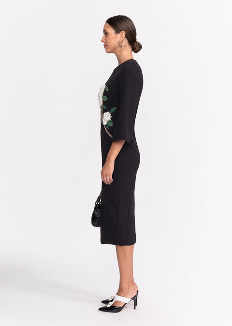 Rochie eleganta conica cu aplicatie florala 3D