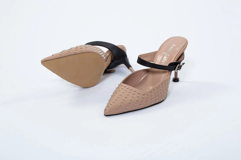 Pantofi Mule nude cu toc 7 cm Annalafaet din piele naturală și aplicații metalice