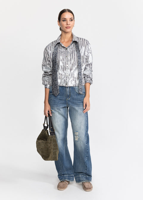 Shirt with a Classic Collar and Distressed Finish