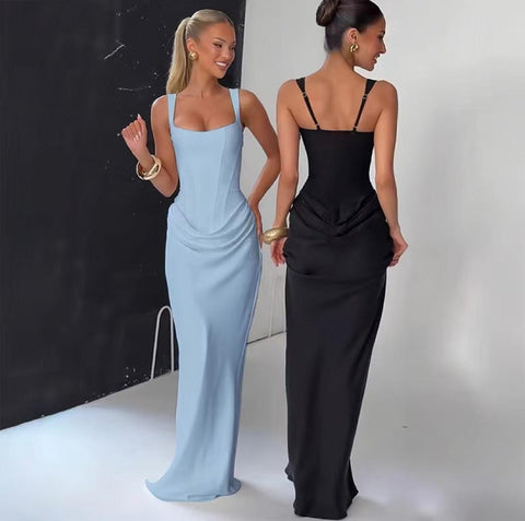 Rochie Lunga din satin cu croiala mulata si drapaje in zona inferioara