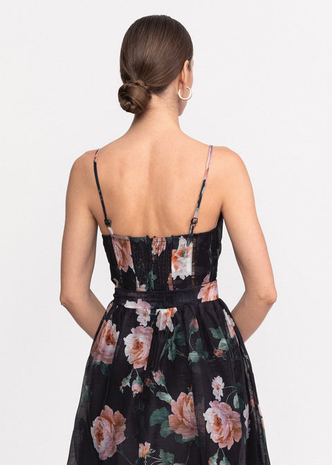 Rochie Scurta cu imprimeu floral, bretele subtiri si cordon pentru talie