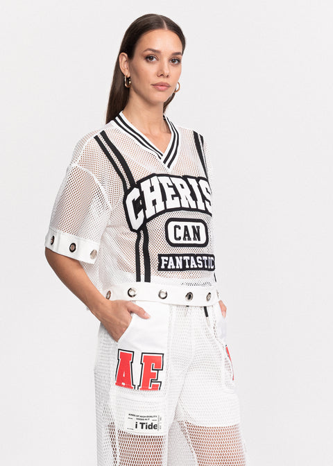 Tricou Cherish din plasa cu decolteu in V si inele metalice