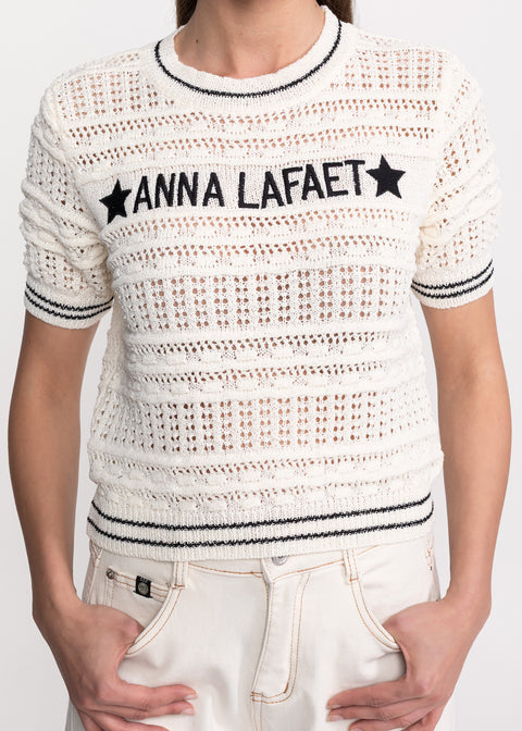 Open-Knit Short-Sleeve Top with Logo