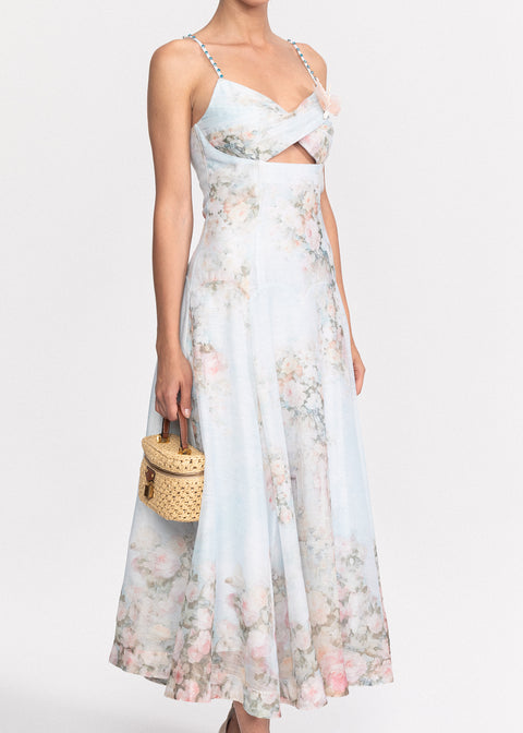 Rochie Midi cu imprimeu floral, decupaj in zona taliei si bretele subtiri