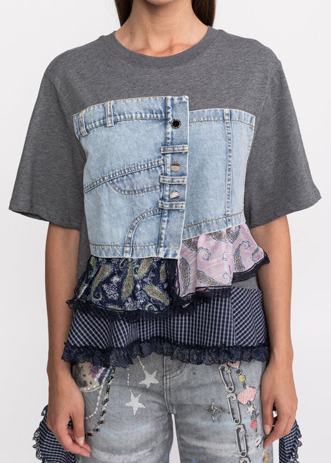 Tricou din bumbac cu insertii denim si volane multiple