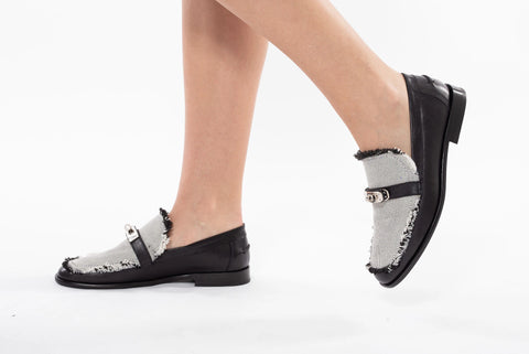 Loafers negri din Piele naturală in combinație cu material textil
