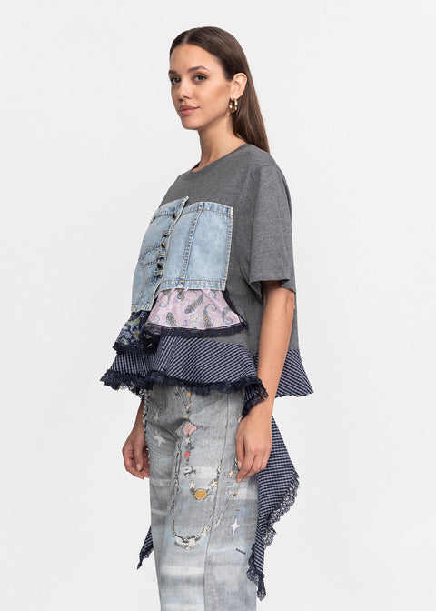Tricou din bumbac cu insertii denim si volane multiple