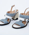 Sandale Annalafaet cu toc gros 7 cm, detalii denim și alb