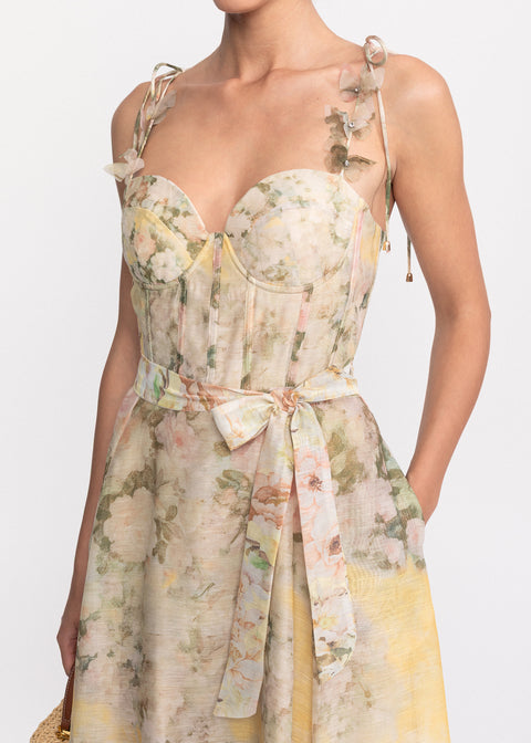 Rochie Midi cu imprimeu floral, bretele subtiri si cordon in talie