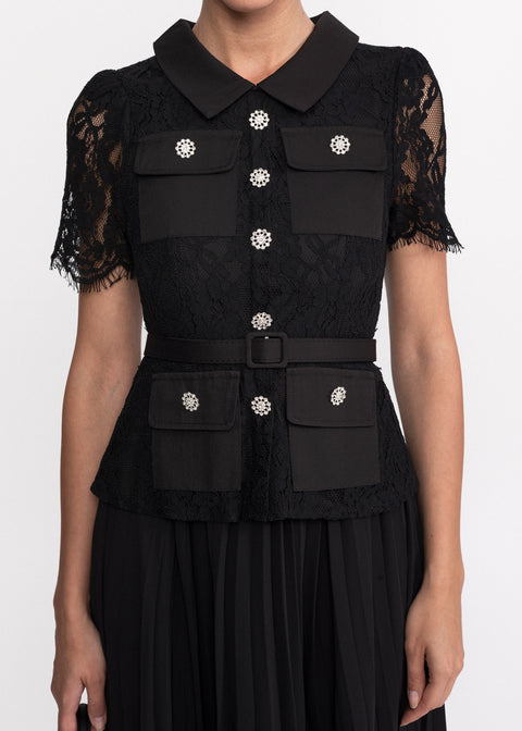 Rochie midi din dantela cu guler clasic si maneci scurte