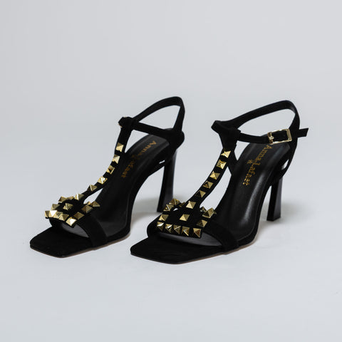 Heeled Sandals with Straps and Gold Studs