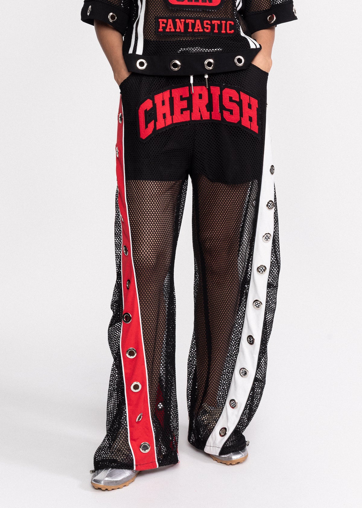 Pantaloni Cherish din plasa si inele metalice