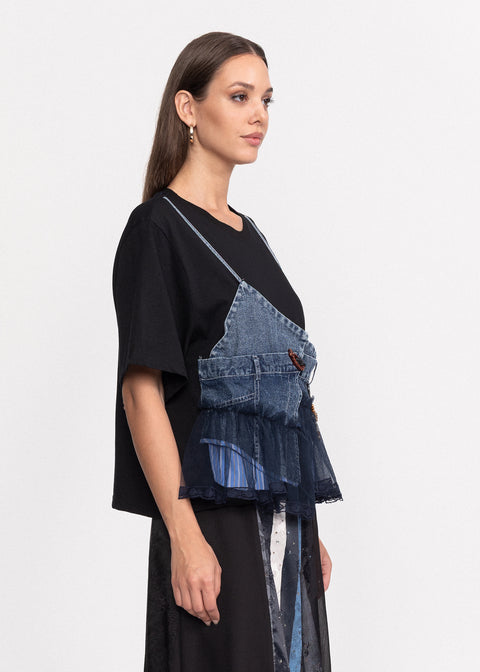 Tricou din bumbac cu detalii din denim