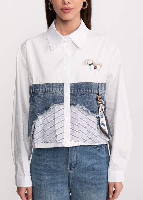Shirt with Jean Accents and Decorative Scarf