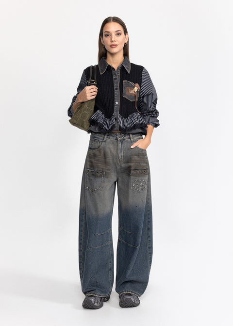 Camasa Denim cu insertie de tricot