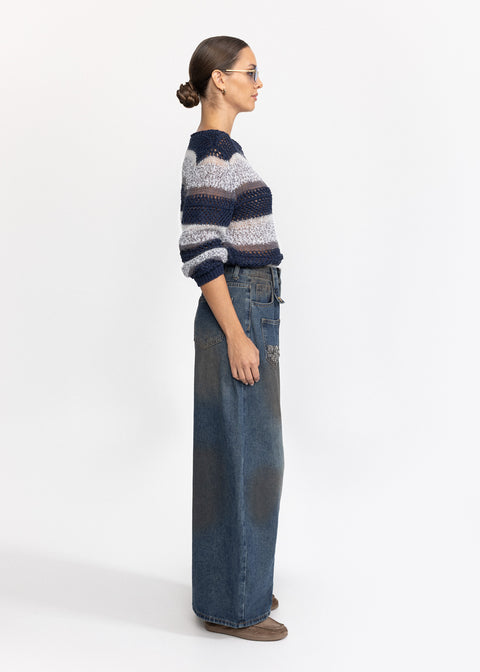 Blugi din denim cu croiala larga si talie inalta 5011