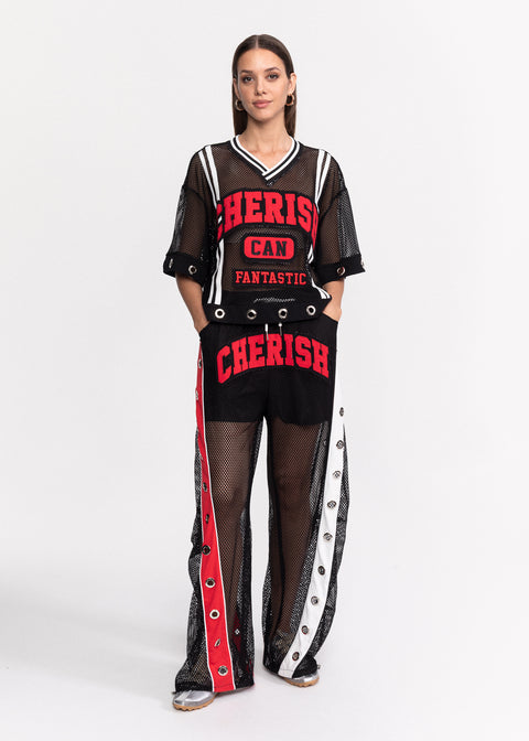Tricou Cherish din plasa cu decolteu in V si inele metalice