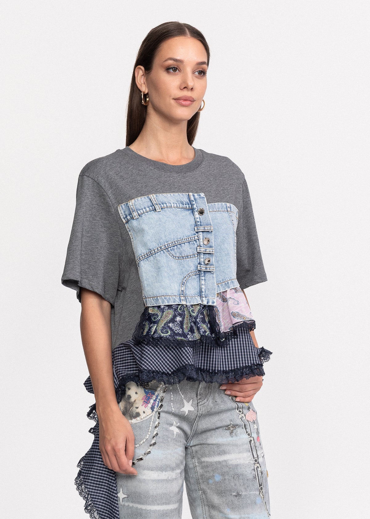 Tricou din bumbac cu insertii denim si volane multiple