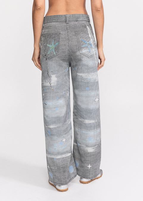 Blugi din denim cu accente decorative lanturi metalice, broderii si motive nautice