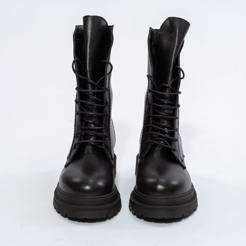 Ghete Tip Combat Negre din Piele Naturală Granulată