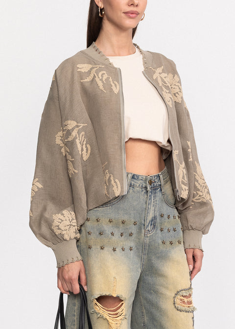 Jacheta bomber cu broderii florale bej