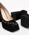 Pantofi damă din piele întoarsă, cu print litere ivoar,toc 9cm