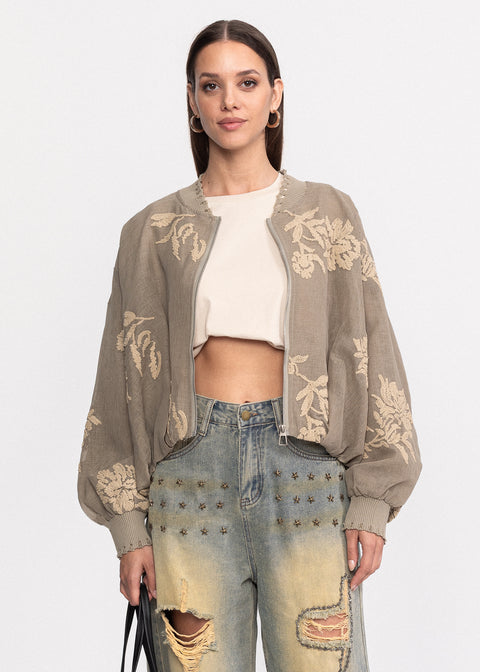 Jacheta bomber cu broderii florale bej