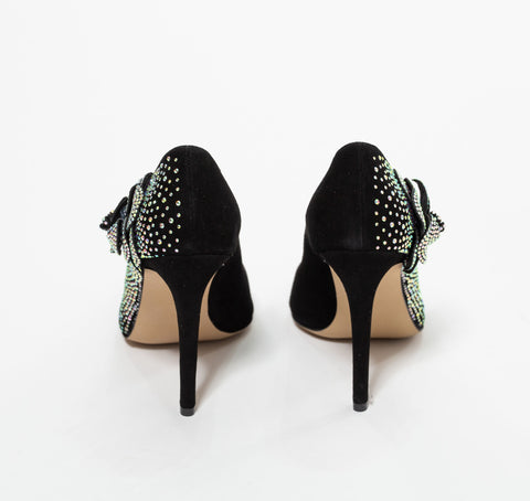 Pantofi din piele intoarsa cu trandafir brodat cu cristale multicolor