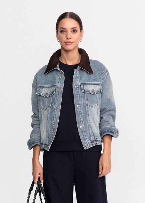 Geaca denim cu guler maro texturat 88296