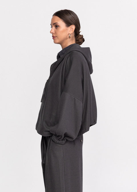Bluza casual din bumbac cu gluga si fermoar frontal