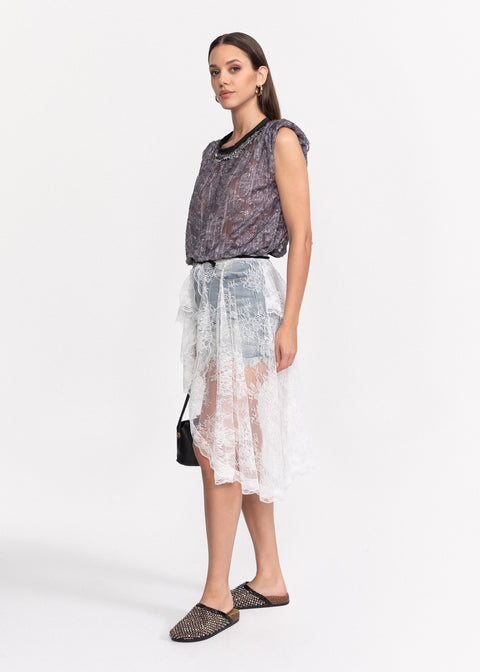 Fusta casual denim cu aplicatie din dantela