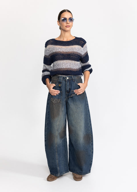 Blugi din denim cu croiala larga si talie inalta 5011