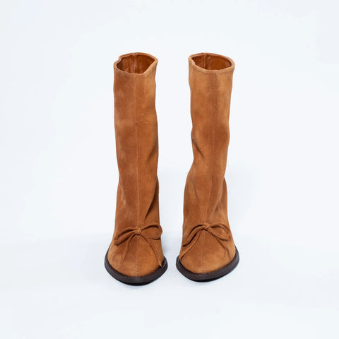 Botine din Piele Întoarsă Camel cu Toc