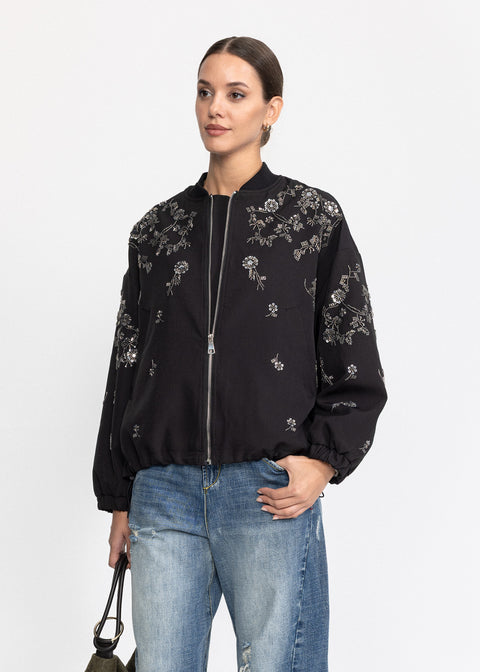 Geaca Bomber decorata cu aplicatii florale de margele