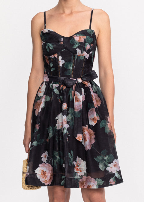 Rochie Scurta cu imprimeu floral, bretele subtiri si cordon pentru talie