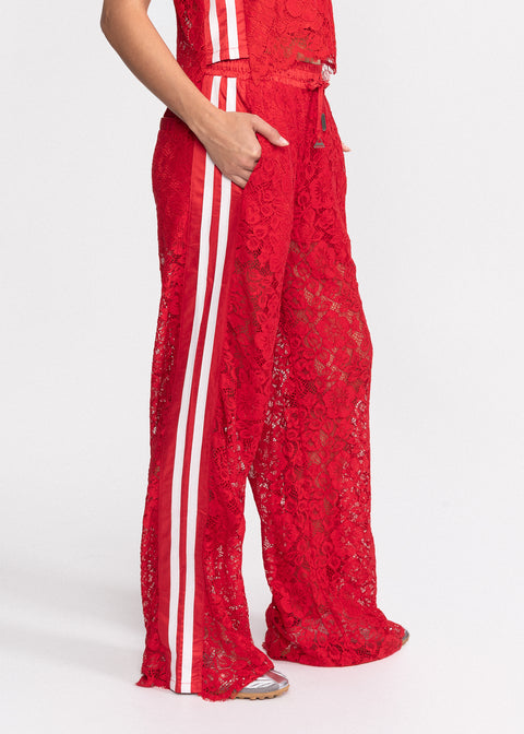 Pantaloni casual din dantela florala rosie