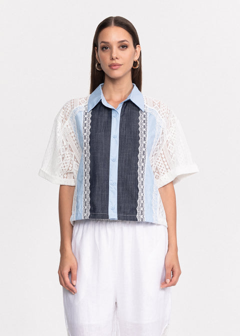 Camasa cu maneci scurte din dantela si insertie frontala din denim