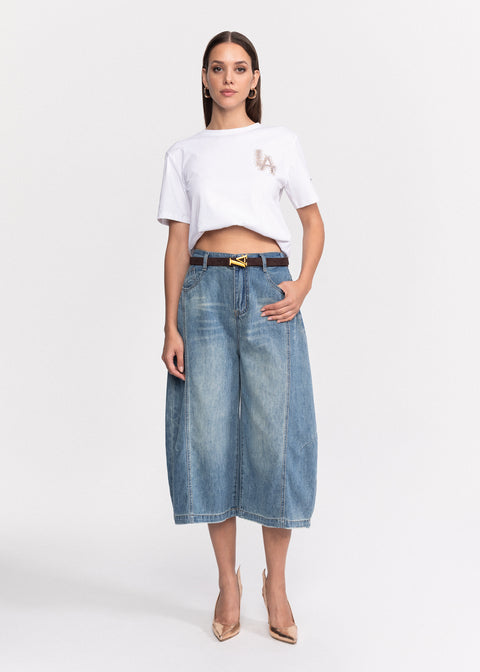 Blugi Culotte cu talie inalta si croiala larga 3/4
