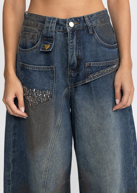 Blugi din denim cu croiala larga si talie inalta 5011