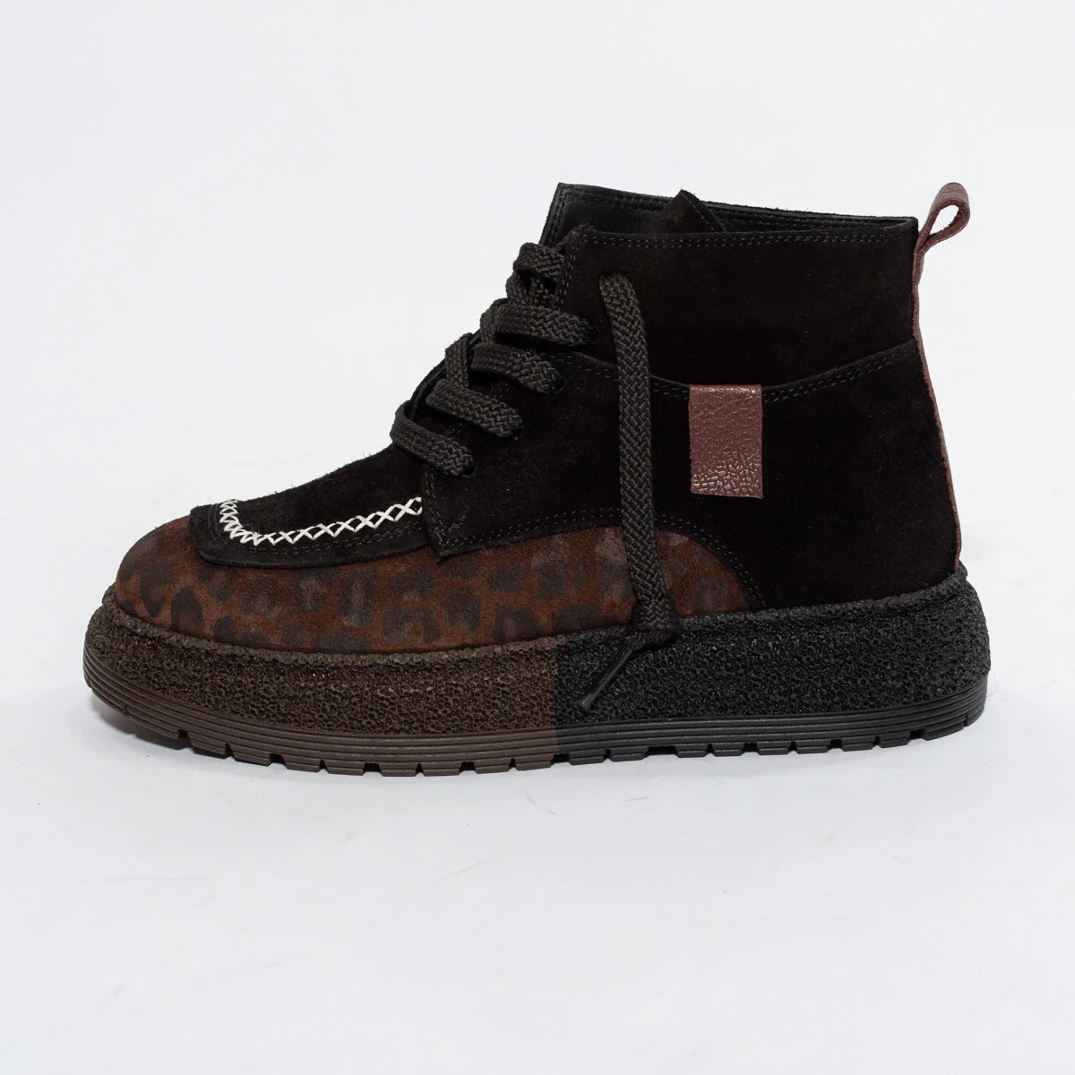 Ghete Casual Negru-Maro din Piele Întoarsă cu Imprimeu Leopard