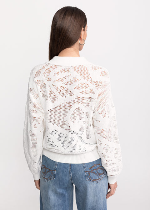 Openwork Textured Polo Sweater