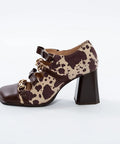 Pantofi din piele cu model animal print, baretă dublă și toc gros